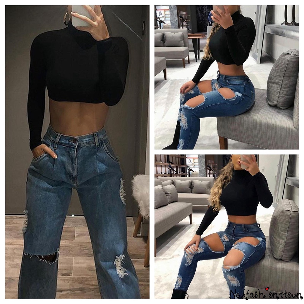 Áo Croptop Tay Dài Cổ Cao Màu Sắc Đơn Giản Cho Nữ
