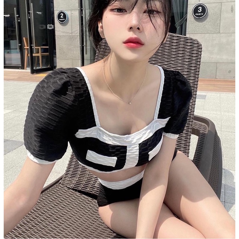 Bikini 2 mảnh áo croptop mút ngực , quần cạp cao giấu bụng. basic đen trắng học bơi, đi biển