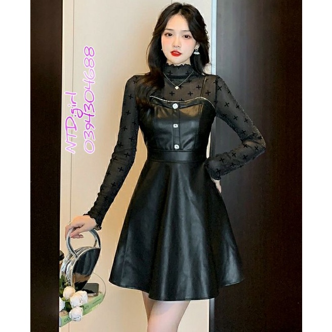 Hàng nhập - Set bộ nữ gồm đầm yếm da và áo thun kim tuyến, sét đồ thời trang áo váy dự tiệc sang trọng