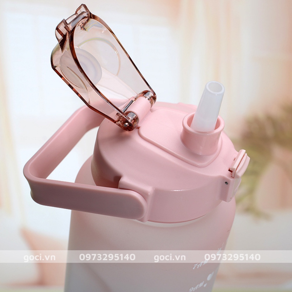 Bình đựng nước 2 lít có ống hút chia vạch nhắc nhở uống nước cute dễ thương
