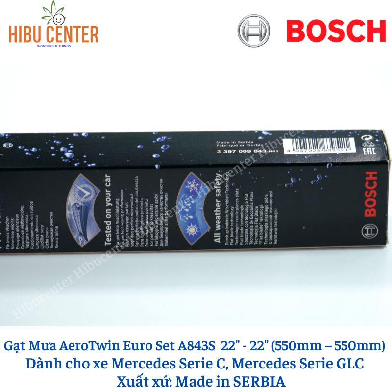 Gạt Mưa Bộ BOSCH AeroTwin Euro Set A843S Kích thước 22” – 22” (550mm – 550mm) | Dành cho Xe Mercedes Serie C, Serie GLC