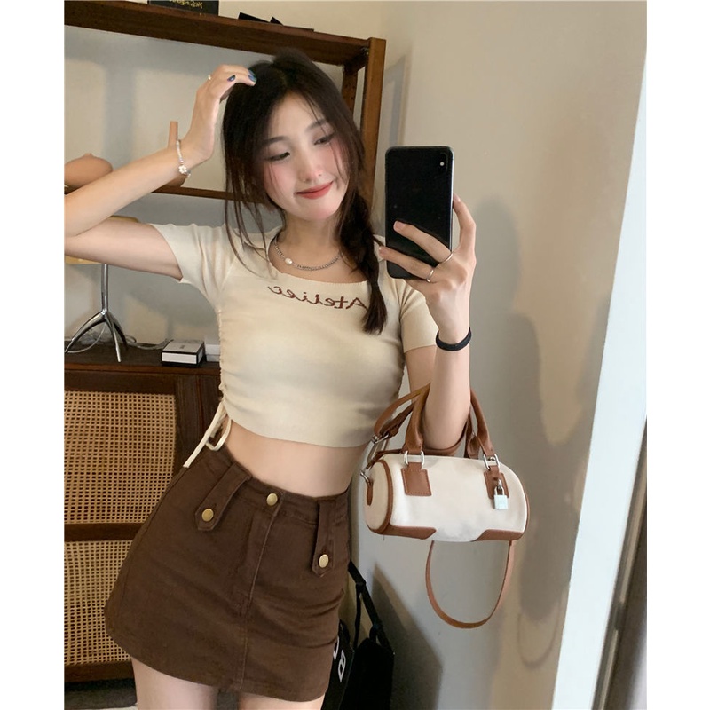 Áo Thun Tay Ngắn Dáng Ôm Rút Dây Thời Trang Cho Nữ