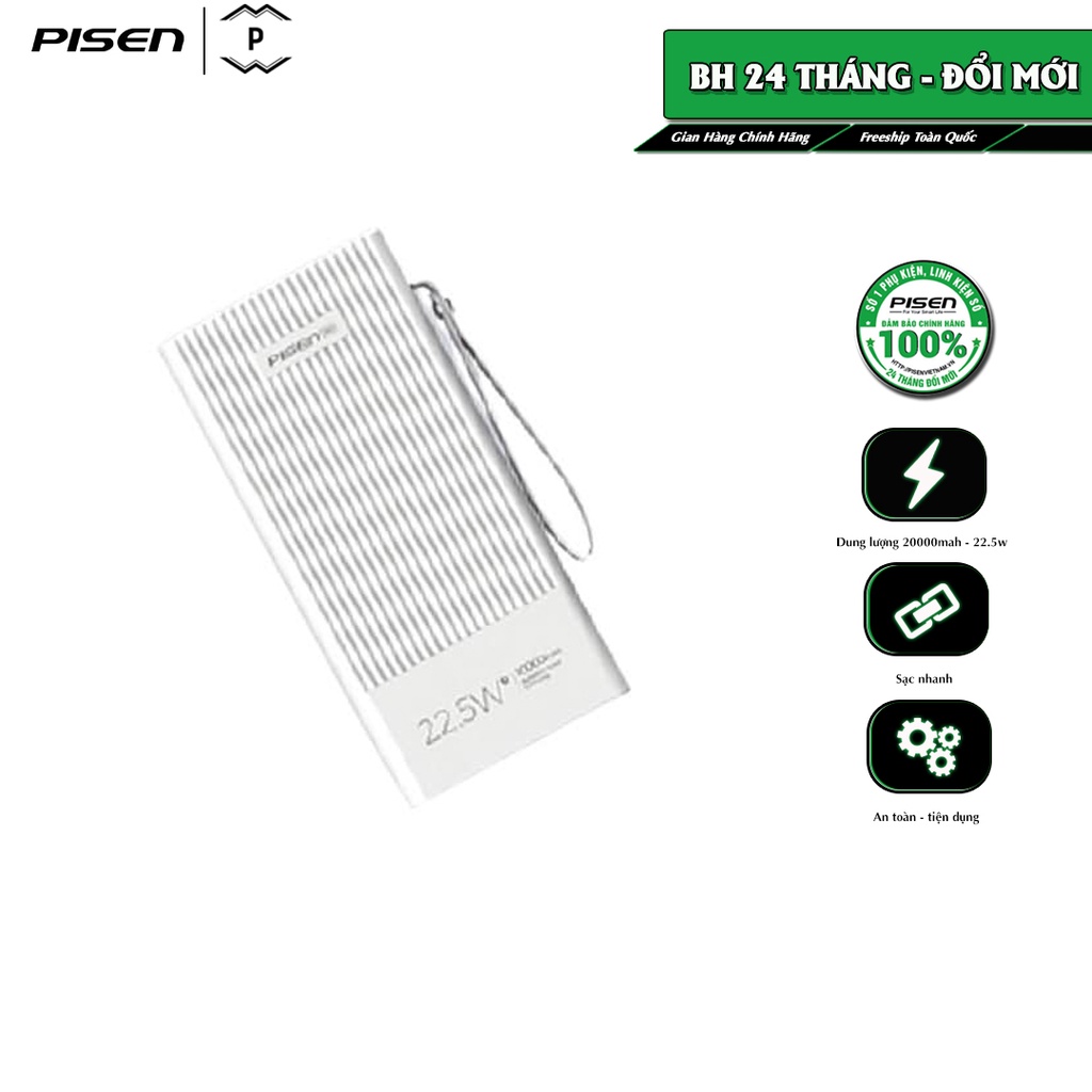 Sạc dự phòng PISEN Pro All 20000mAh, công suất sạc 22.5W, kèm đèn led ánh sáng dịu, model: LS-DY22, bảo hành 24 tháng