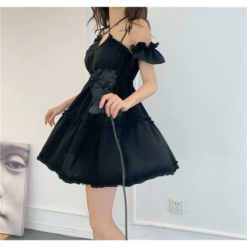 (CLIP THẬT) Đầm babydoll trễ vai dự tiệc đen tay bồng thắt dây nơ cổ | BigBuy360 - bigbuy360.vn