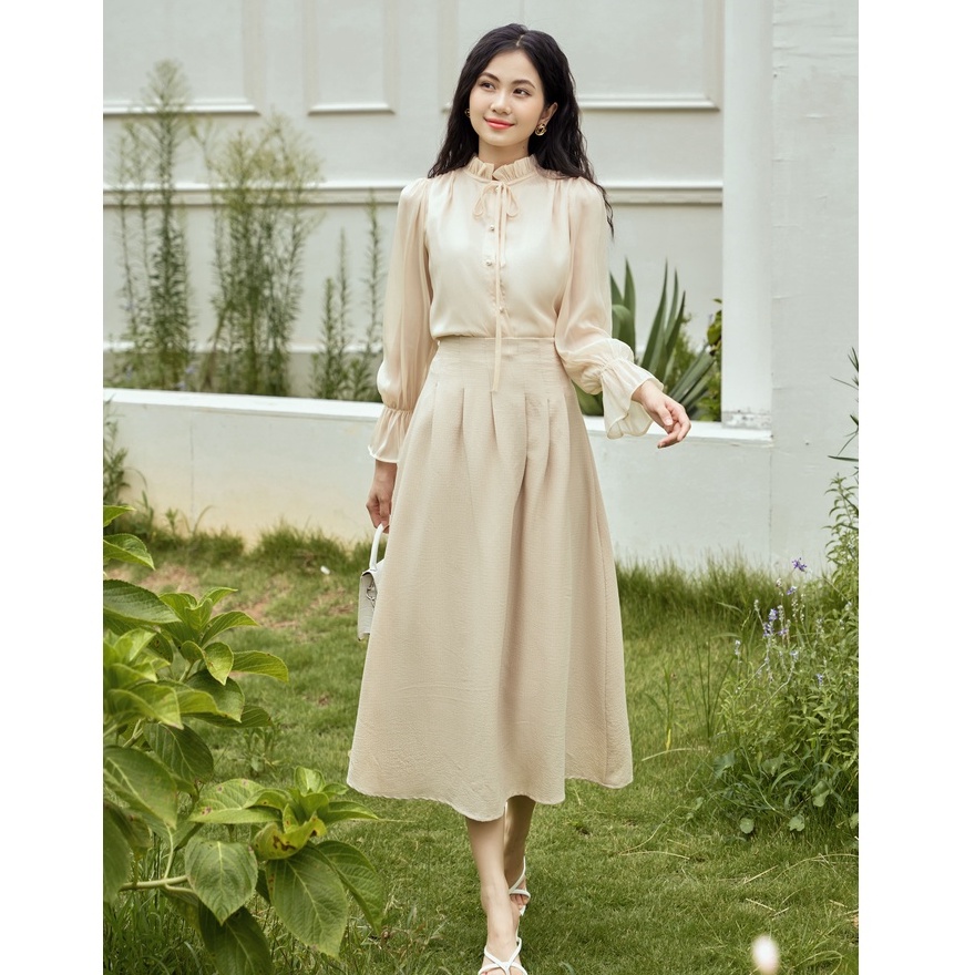 Set bán lẻ gồm áo sơ mi công sở, chân váy midi dáng dài OLI YAME