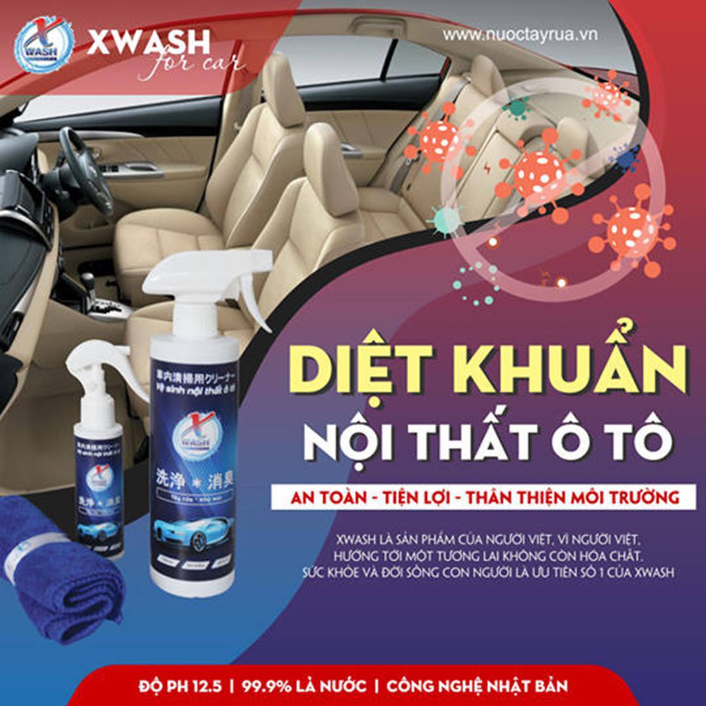 [CHÍNH HÃNG] XWash - Nước tẩy rửa, khử mùi nội thất ô tô KHÔNG HÓA CHẤT - Tặng khăn lông cừu cao cấp cho chai 500ml