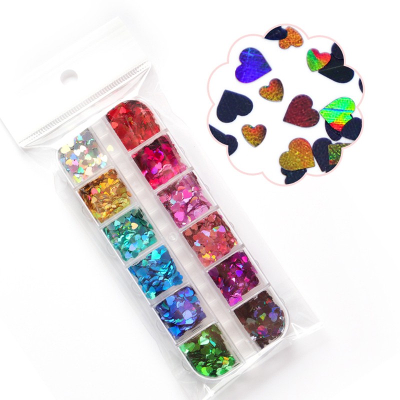 KING 12 Grids/Box Holographic Glitter Love Heart Shape Epoxy Resin Filling Sequins