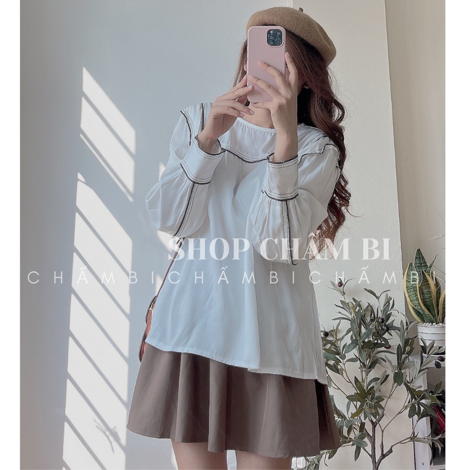 Áo sơ mi dài tay A.272, Áo babydoll cổ tròn viền đen chữ U ngực và dọc tay áo cực xinh