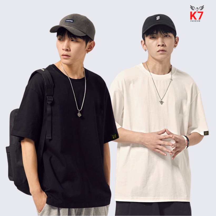 Áo thun tay lỡ nữ nam trắng đen trơn K7 100% cotton oversize form rộng thoáng mát dày dặn