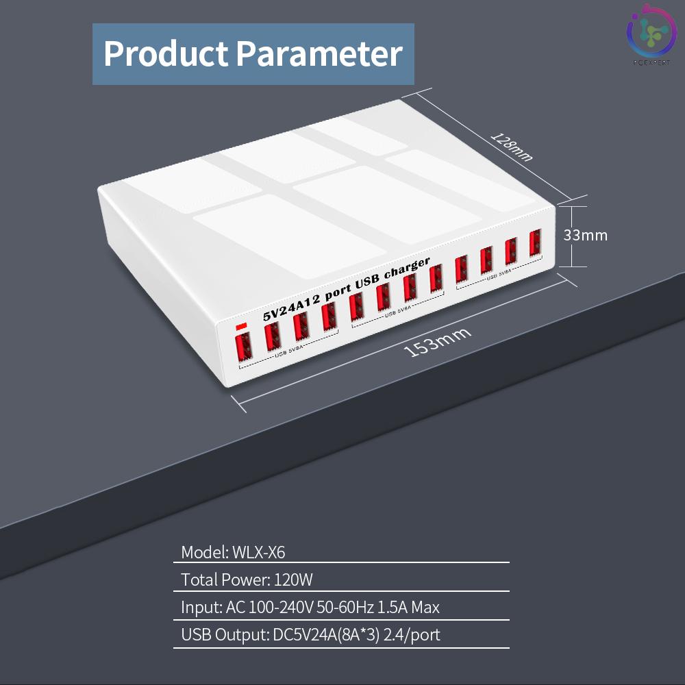 X6 12 Port USB Charger 5V24A High-power Quick Charging Intelligent Charger for Mobile Phone/Tablet US Plug