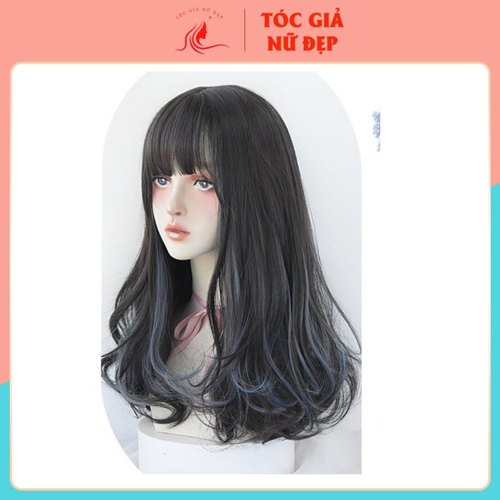 Tóc giả nữ đẹp nguyên đầu xoăn lửng phối line xanh coban, TGND, C8267