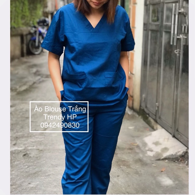 Bộ blouse đồng phục kỹ thuật viên cao cấp - bộ scrubs bác sĩ, y tá, thẩm mỹ viện màu xanh than