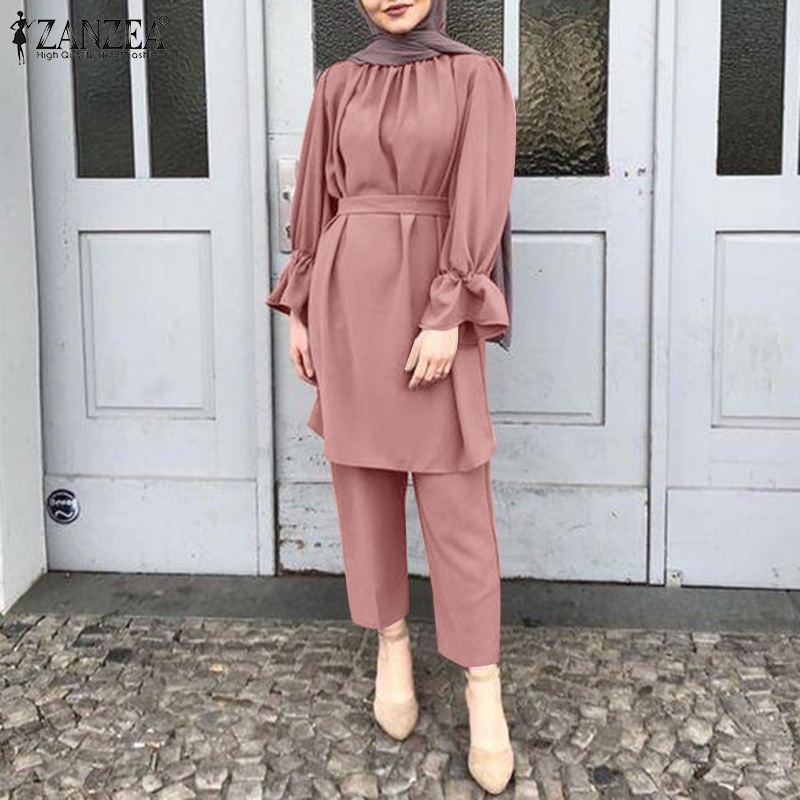 Set đồ Zanzea áo dài tay cổ tròn kèm quần dài lưng thun thời trang cho nữ