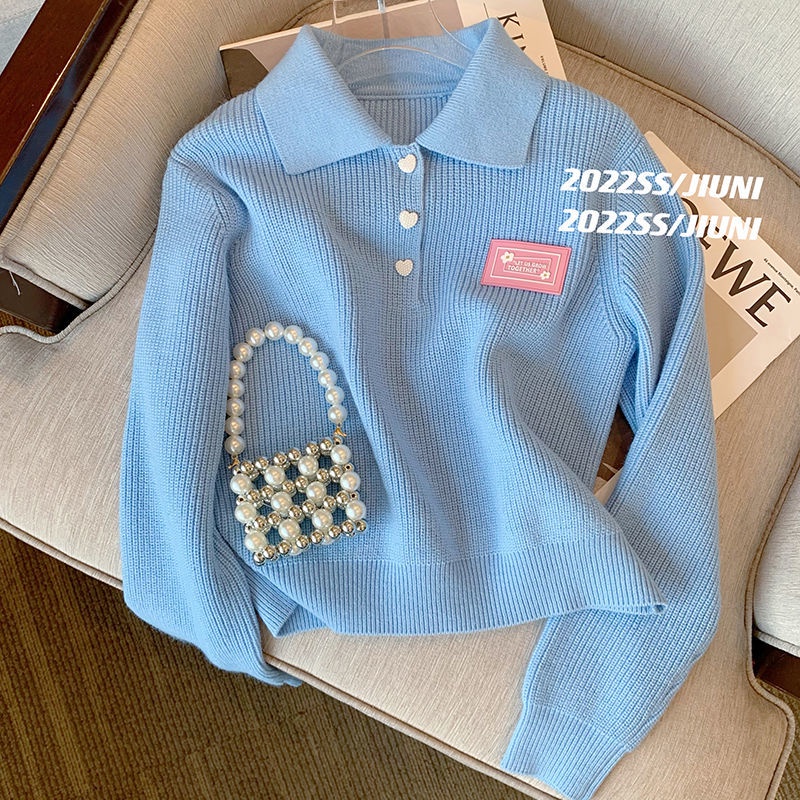 Áo Sweater Dệt Kim Cổ polo Màu Xanh Dương Phong Cách Hàn Quốc Mới Cho Nữ  tao bao