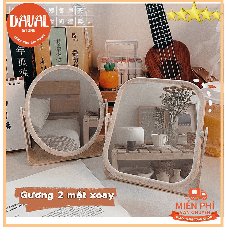 Gương để bàn trang điểm/gương mini 2 mặt Hàn Quốc Vintage lúa mạch 2 mặt gương xoay 360 độ