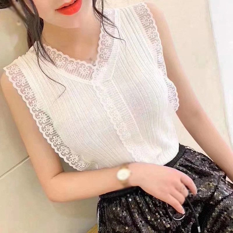 Women Casual Sleeveless Lace Knitted Splice Tops V Neck Hollow Out Pullover Vest | BigBuy360 - bigbuy360.vn