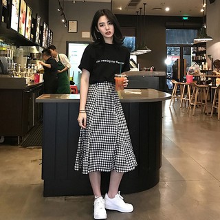 Bộ Áo Thun Tay Lửng Phối Chân Váy Đuôi Cá Sọc Ca Rô Phong Cách Hàn Quốc Thời Trang Cho Nữ