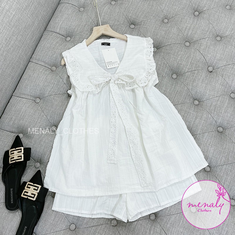 Set bộ áo kiểu babydoll thắt nơ cổ bẻ SE03 kết hợp quần sooc cạp cao tôn dáng hiệu quả, mẫu set áo tiểu thư