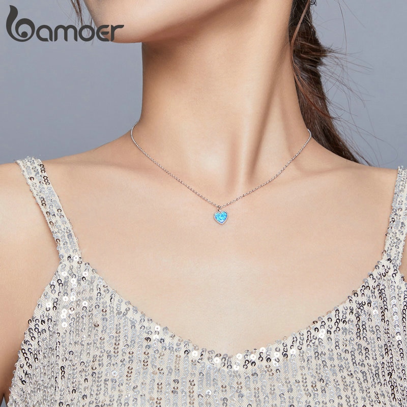 Dây chuyền Bamoer SCN413 mạ bạc bạch kim 925 mặt dây hình trái tim màu xanh dương thời trang sang trọng cho nữ
