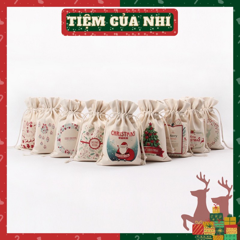 Túi vải dây rút mini cotton đựng đồ dùng cá nhân trang điểm in hình noel món quà giáng sinh 16X23CM Tiệm Của Nhi TVDR01