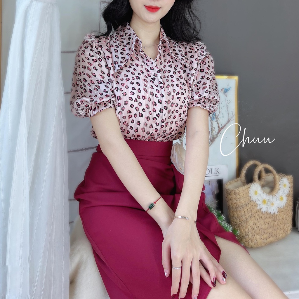 Áo sơ mi họa tiết nữ tay phồng bo chun CHUU A8139