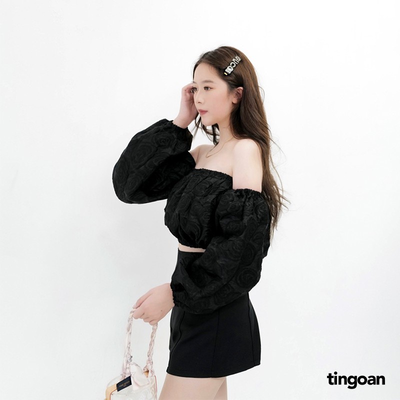 Áo trễ vai croptop tay rời vân hoa hông đen tingoan VALENTINA OFF/BL