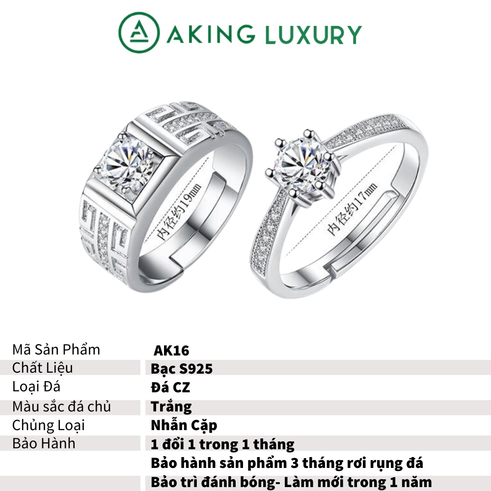 Nhẫn đôi AKING LUXURY AK16 cao cấp, nhẫn bạc nam họa tiết khỏe khoắn, nhẫn bạc nữ đính đá sang trọng. Nhẫn cặp mới 2021