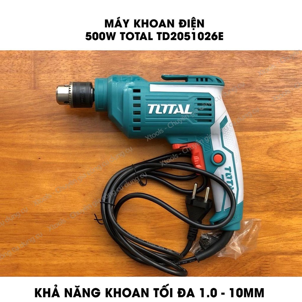 Máy khoan cầm tay TOTAL TD2051026E công suất 500w, tốc độ 3300rpm, khả năng khoan 1.0-10mm, có chỉnh tốc độ, điện áp 220