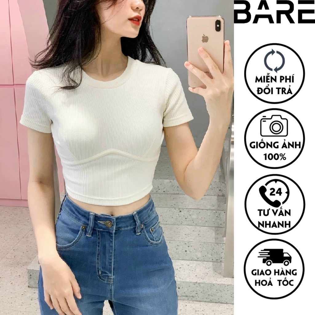 Áo croptop nữ ôm body tay ngắn BARE , Croptop Nữ trơn ngắn tay cổ tròn, Áo crt nữ siêu ôm dáng A037