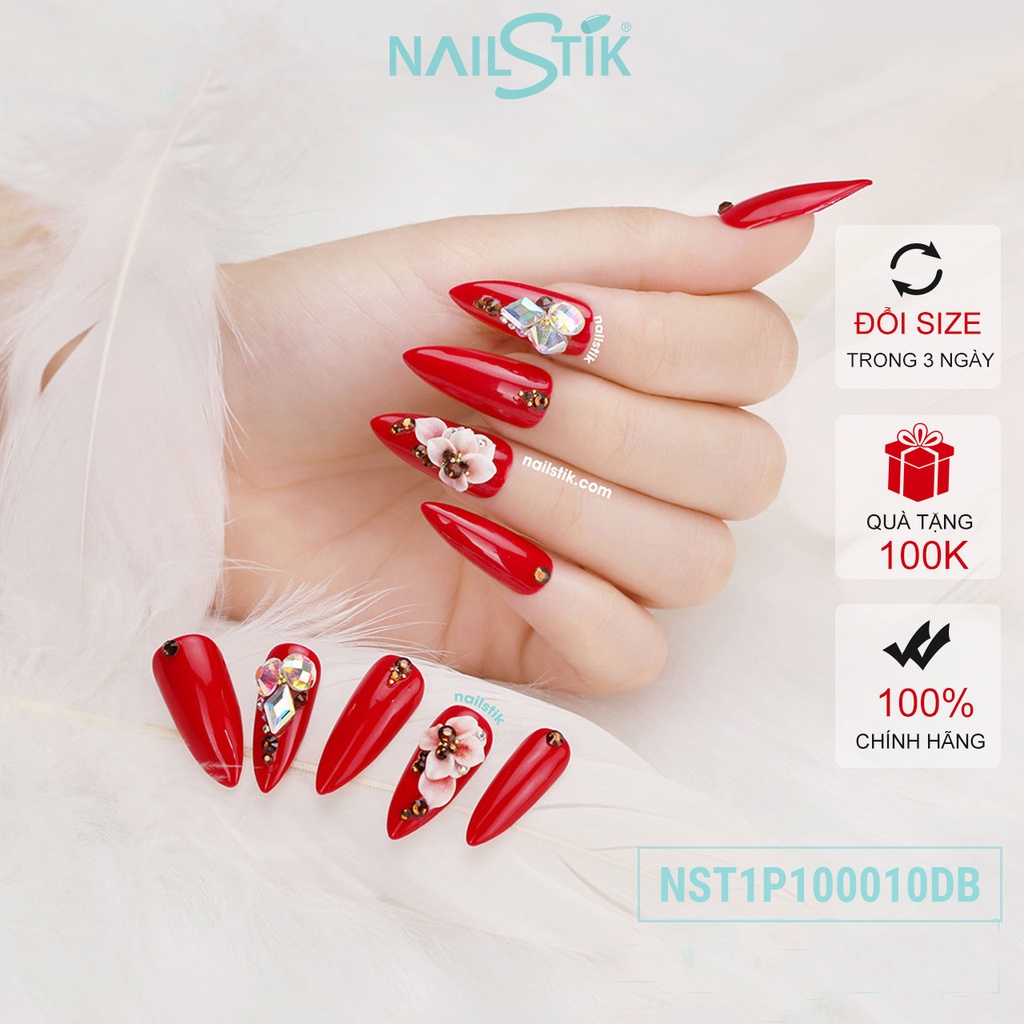 Móng úp thiết kế by NAILSTIK, màu đỏ tươi, form móng bầu, dài 010