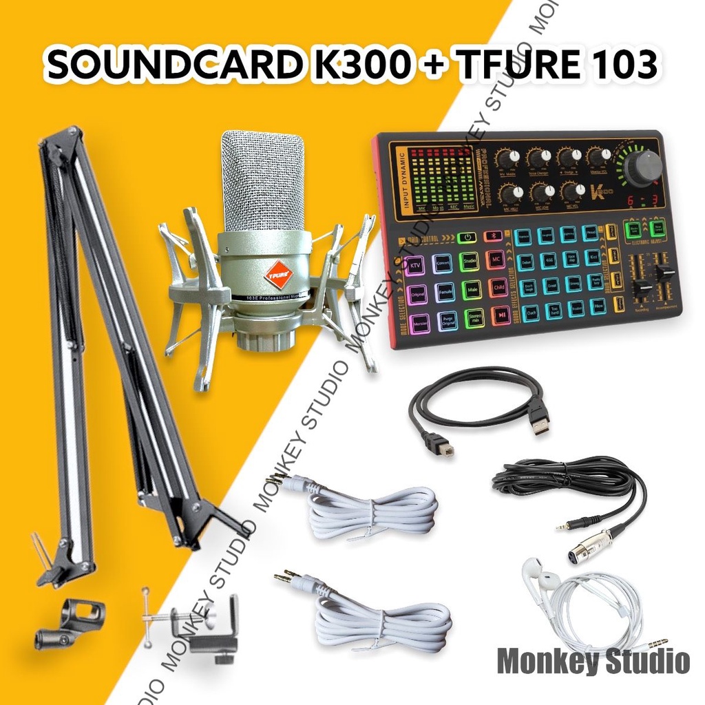 Bộ Combo Mic Thu Âm Hát Livestream Soundcard K300 &amp; Mic YFURE E103 ⚡BH 1 NĂM⚡ Thu Âm Điện Thoại Máy Tính