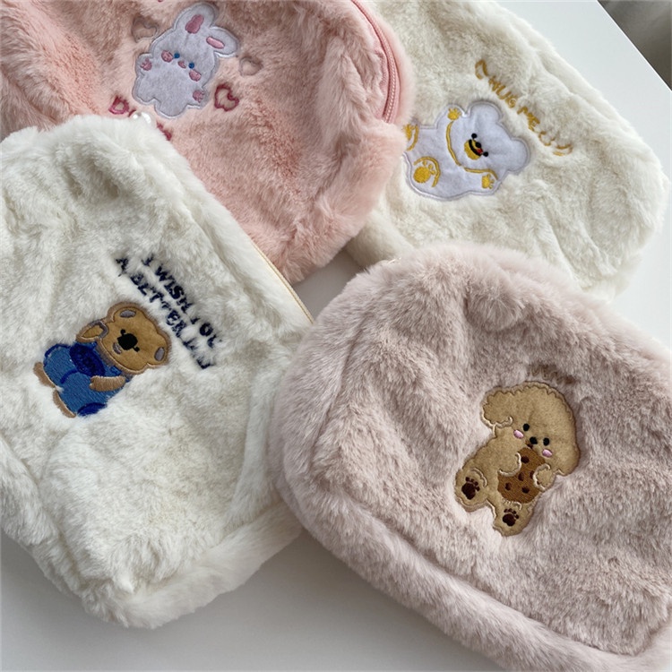 Túi Đựng Bút / Tiền Xu Bằng Lông Nhung Mềm Thêu Họa Tiết Hoạt Hình Phong Cách Hàn Quốc Cho Nữ Ốp