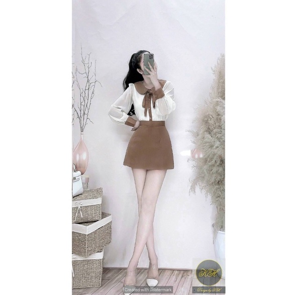 Set áo sơ mi cổ thắt nơ mix chân váy chữ A hàng quảng châu siêu đẹp,điệu đà