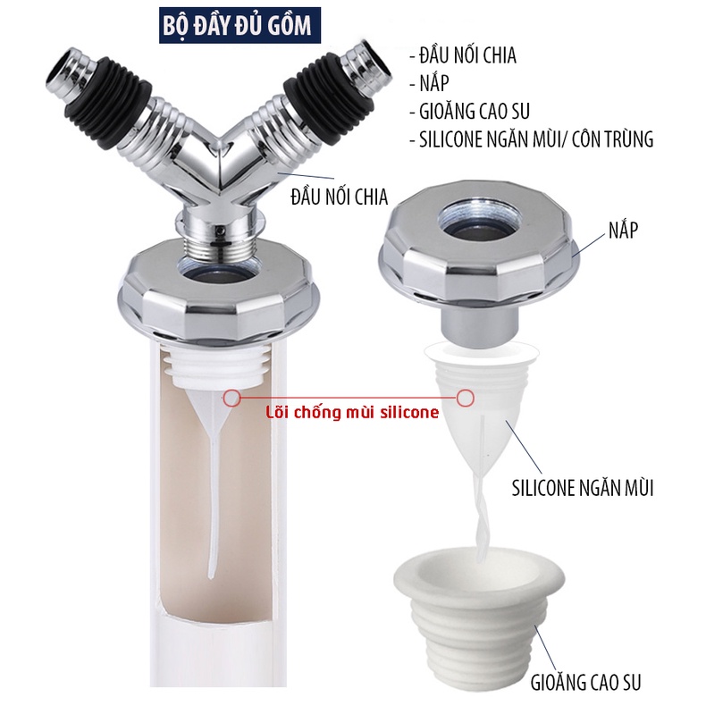 Bộ thoát nước máy giặt, chẩu rửa gồm đế ga thoát sàn, chia 2 chữ Y, Minh House