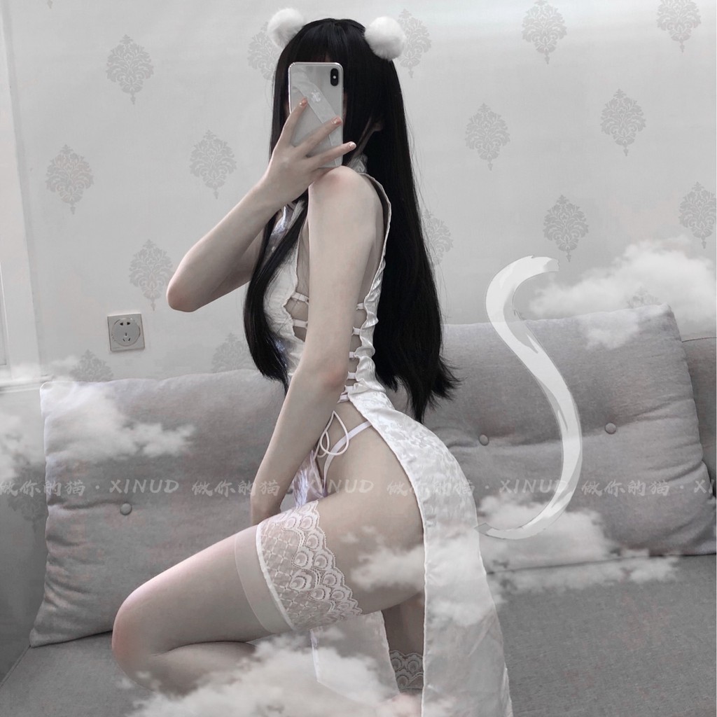 Đồ ngủ sexy cosplay cổ trang Trung Hoa sườn xám hai màu đen trắng gợi cảm 15 | BigBuy360 - bigbuy360.vn