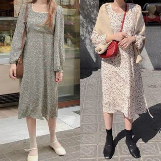 Đầm voan hoa nhí midi vintage, cổ vuông viền đangten, TD túm bèo