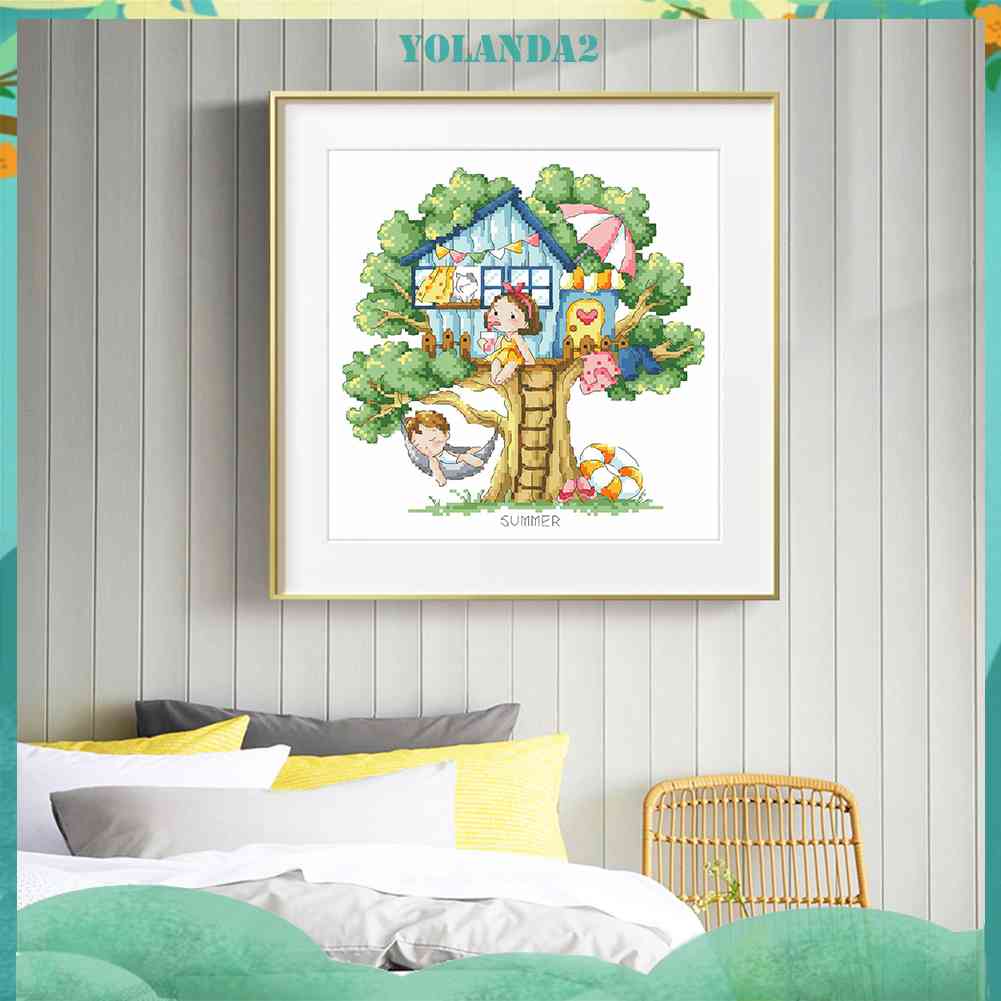 (canvas no printing)  Toàn Bộ Tranh Thêu Chữ Thập Họa Tiết Cây Bốn Mùa 14CT