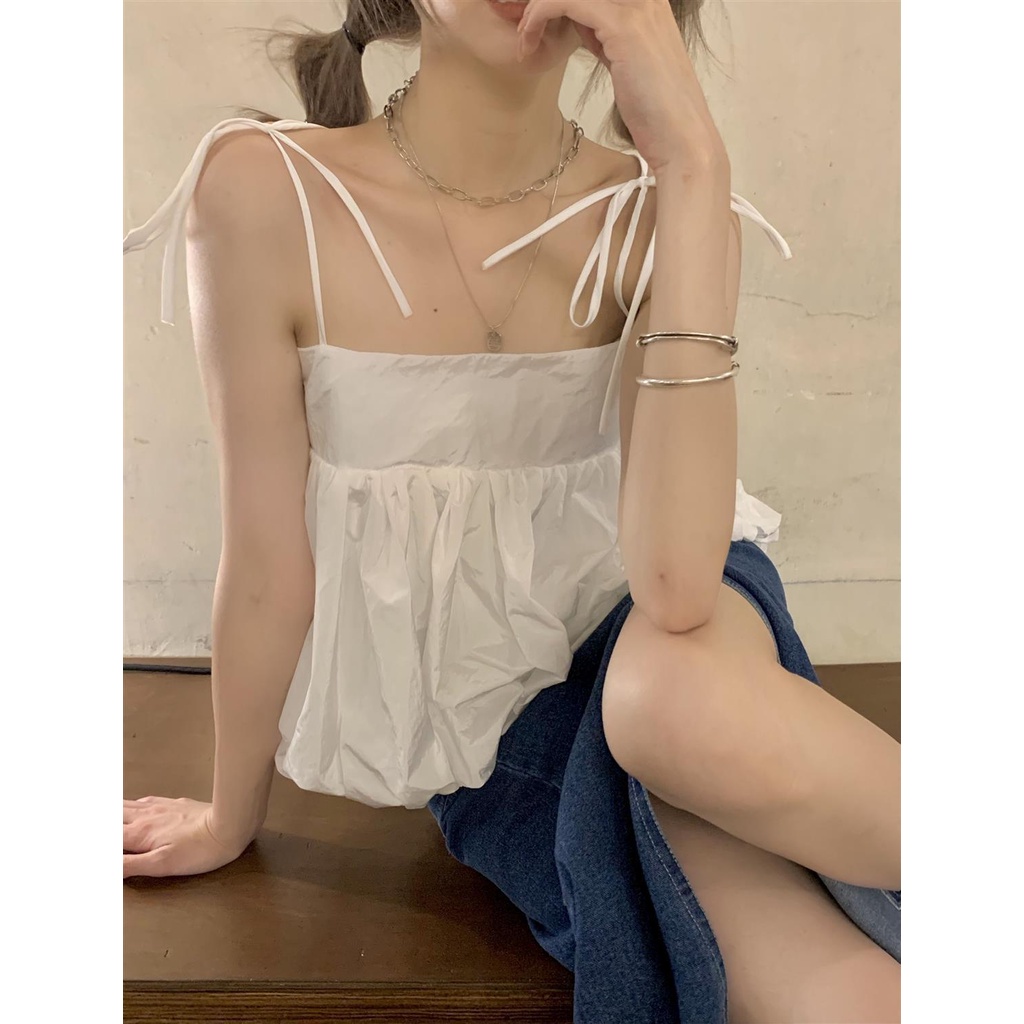 Áo hai dây phồng màu trơn thời trang mùa hè 2021 dành cho nữ