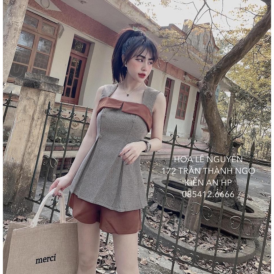 Set áo kẻ 2 dây thiết kế cúc bọc mix quần short đùi HO634