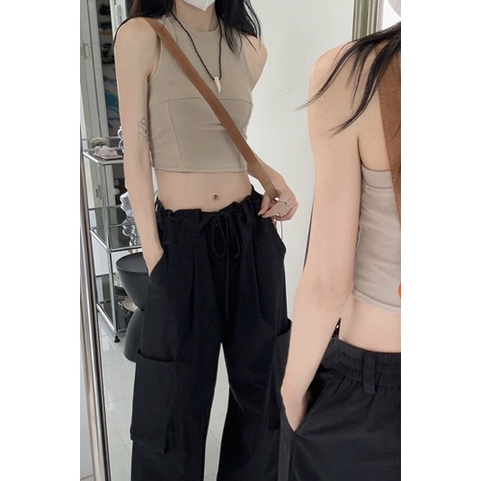 Quần vải túi hộp đen thắt dây