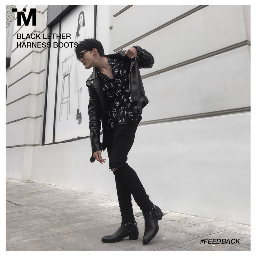 Giày Harness Boots Nam TARMOR Màu Đen Da Thật Harness Boots In Black Leather