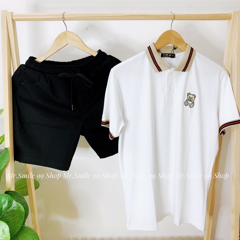 ÁO THUN POLO BASIC TRẮNG ĐEN CỔ BẺ THÊU GẤU MR SMILE 99 SHOP
