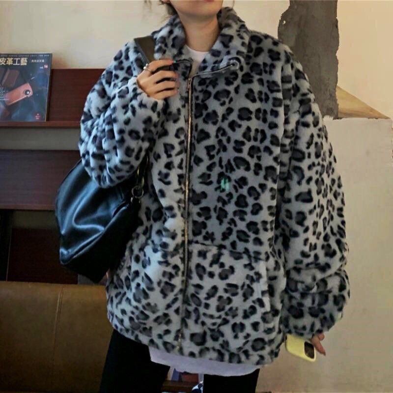 Áo khoác cardigan cổ đứng khóa kéo họa tiết da báo phong cách Hàn Quốc thời trang thu đông