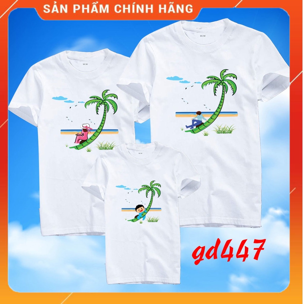 áo thun gia đình vải cotton cổ tròn đi biển cây dừa