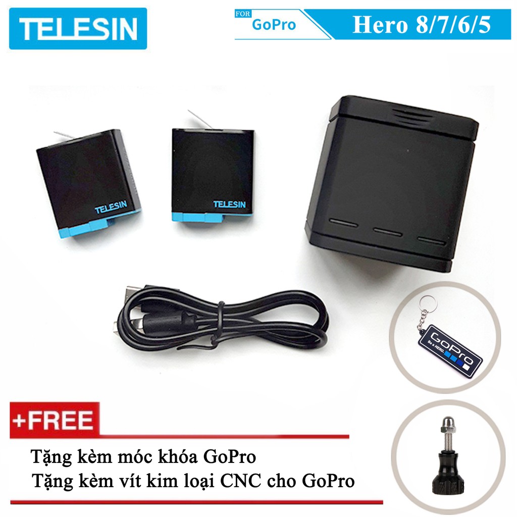 Combo sạc 3 + 2 viên pin TELESIN cho GoPro Hero 5, GoPro Hero 6, GoPro Hero 7, GoPro Hero 8, GoPro new Hero 2018