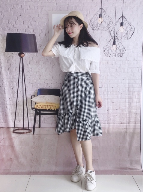 Chân váy đuôi cá kẻ caro đen trắng- Hình thật