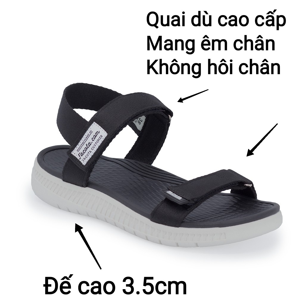 Dép quai ngang nam, sandal nữ đi học đế cao FACOTA chính hãng màu đen đế trắng