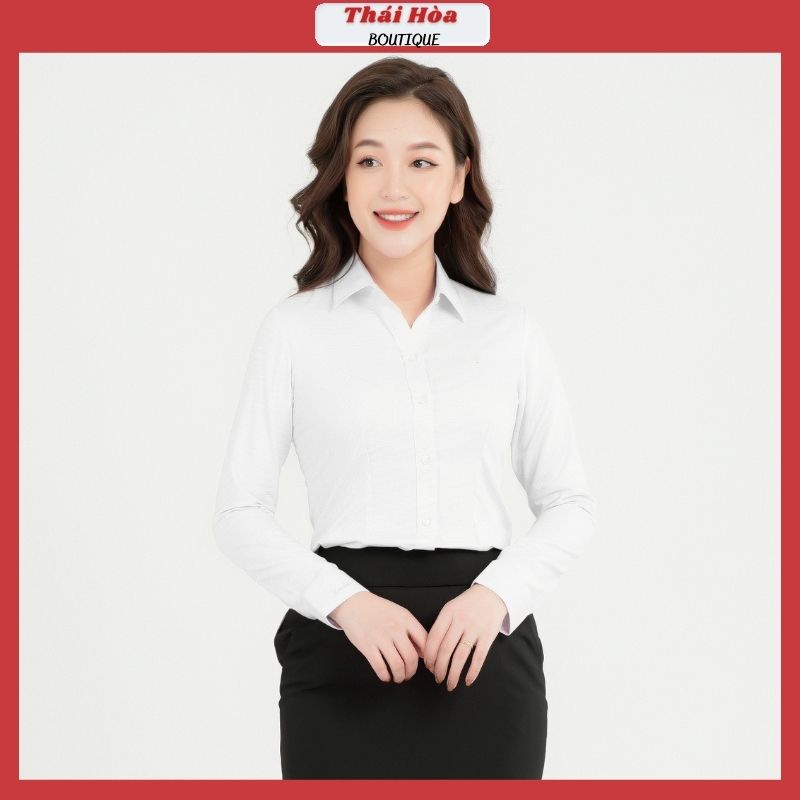Áo sơ mi công sở nữ dài tay màu trắng đẹp kẻ caro vải cotton Thái Hòa 65-01