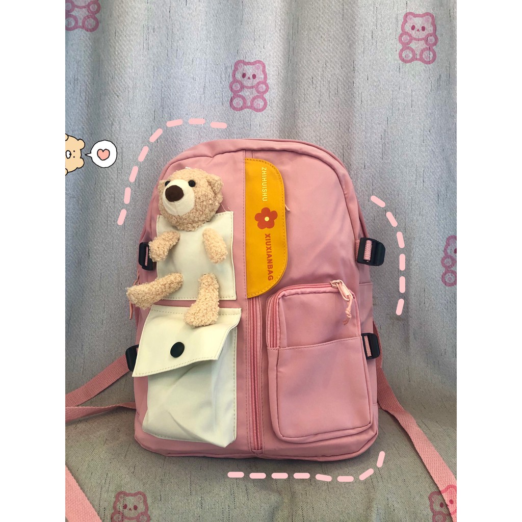 Cặp Học Sinh🎒 Balo Nữ 🎒 FREE SHIP🎒 Balo Học Sinh Gắn Gấu Siêu Đáng Yêu, Chống Nước (ẢNH+VID THẬT)