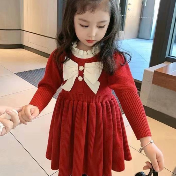 Cô Gái Màu Đỏ Năm Mới Giáng Sinh Váy Nơ Váy Len Dệt Kim Váy Công Chúa Trẻ Em Mùa Đông
